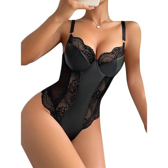 Sexy Leather Lace Underwire Push Up Corset Lingerie Women Teddy Bodysuit Top - Picture 2 of 5